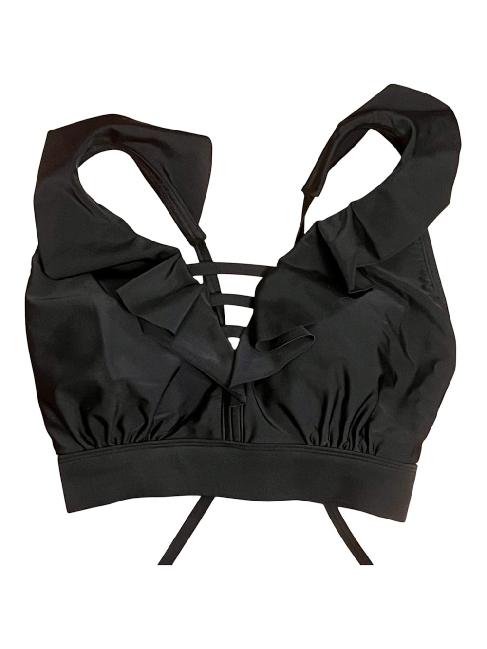 Black Ruffle Strappy Cropped Bralette Swim Top L/XL Swimsuit bikini